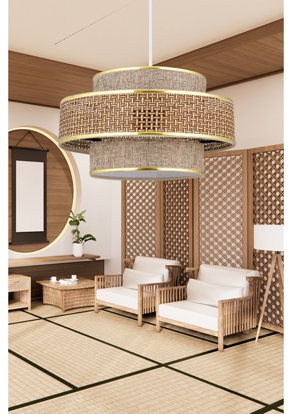 Otantik Trio Metal Kasalı Hasır Kaplama ve Bej Kumaş Salon Avize Üç Katlı Pasta Yatak Odası Sarkıt