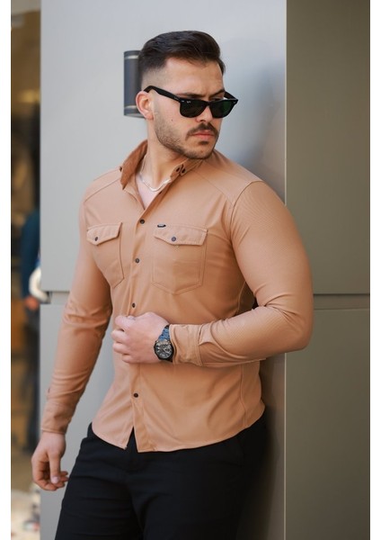 Erkek Çift Cepli Çıtçıt Düğmeli Uzun Kollu Gömlek