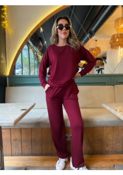 Kadın Uzun Kollu Bisiklet Yaka Viskon Iki Iplik Bluz ve Pantolon Ikili Takım