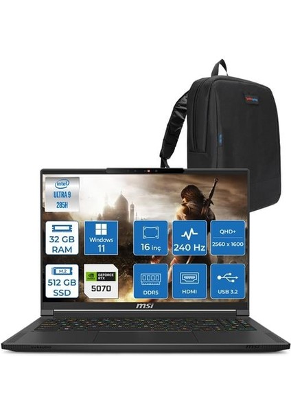 Msı Stealth 16 Aı Ultra 9 285H 32GB Ddr5 512GB SSD 8GB/RTX5070/95W 16" Qhd+ 240hz OLED Windows 11 Home Taşınabilir Bilgisayar A2HWGGH09 + Zettaçanta