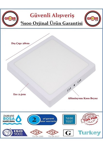 Sıva Üstü Kare LED Armatür - 24 Watt - 2050 Lümen - Beyaz modelleri