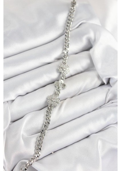 Pirinç Zirkon Taşlı Yonca Model Gümüş Renk Kadın Bileklik - TJ-BB7558 fiyatları