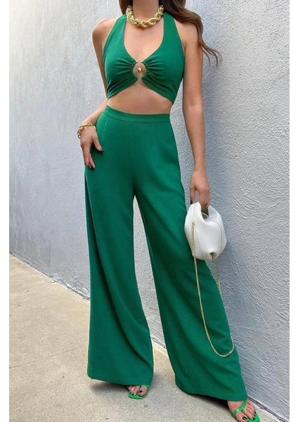 Kadın Pera Keten Kumaş Halka Detaylı Sırt Metal Fermuarlı Bel Gizli Fermuarlı Büstiyer Pantolon Takım