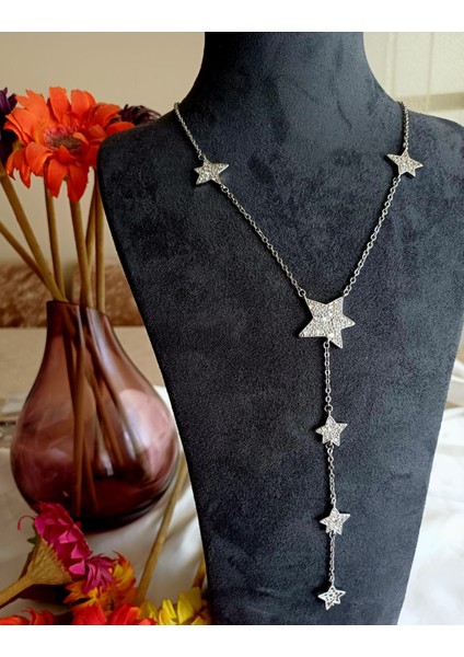 Yıldızlı Uzun Metal Renk Kolye