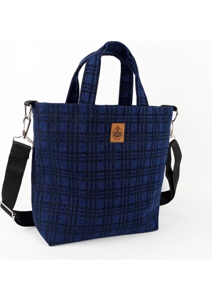 El Yapımı Lacivert Siyah Ekose El ve Omuz Çantası