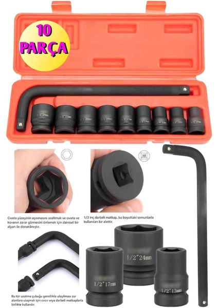 10 Parça Lokmalı El Somun Sıkma Sökme Uc Seti Alet 10 Inç L Tipi Uzatma Çubuğu Güçlü Anahtar Altıgen
