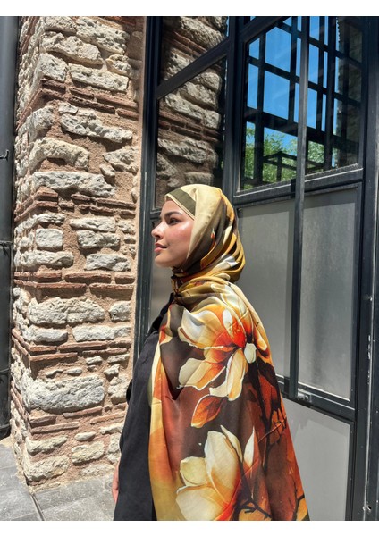 Tomurcuk Desen Vual Soft Şal Haki Turuncu Renk