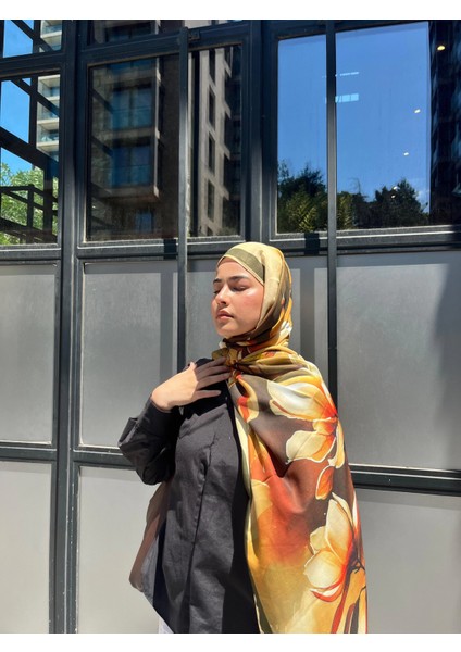 Tomurcuk Desen Vual Soft Şal Haki Turuncu Renk modelleri