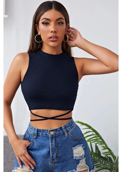 Marsilyan- Kadın Lacivert Çapraz Bağlamalı Crop Top Büstiyer
