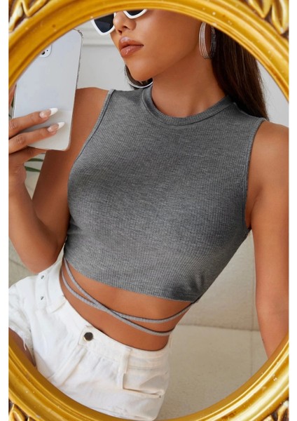 Marsilyan- Kadın Gri Çapraz Bağlamalı Crop Top Büstiyer