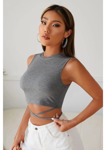 Marsilyan- Kadın Gri Çapraz Bağlamalı Crop Top Büstiyer modelleri