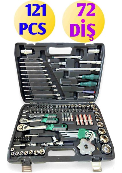 Newprotech 72 Diş Eğik 3'lü Cırcır Set 121 Parça Lokma Takımı Oto Tamirci Tam Set 1/2-3/8-1/4