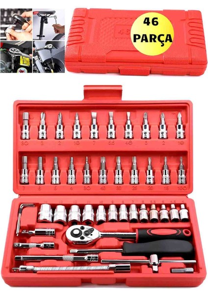 46 Parça Çantalı Cırcır Seti Lokma Anahtarı Seti Tornavida Uçları Araba Bisiklet Tamir