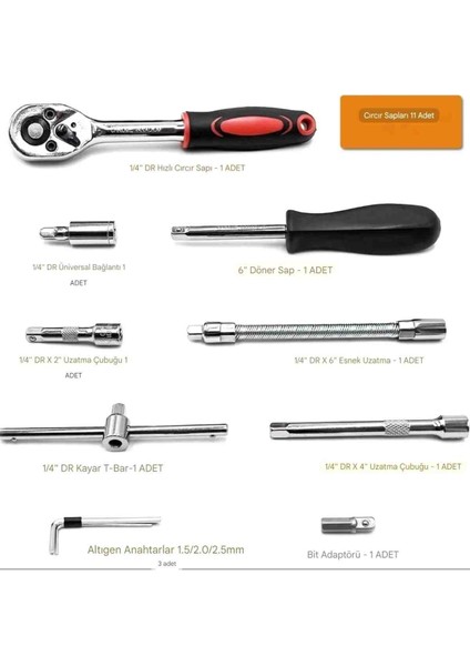 46 Parça Çantalı Cırcır Seti Lokma Anahtarı Seti Tornavida Uçları Araba Bisiklet Tamir modelleri