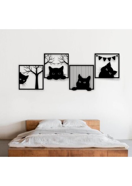 Siyah Ahşap Kediler 30CM x 30CM 4 Adet Tablo Duvar Dekoru 3mm Mdf Lazer Kesim