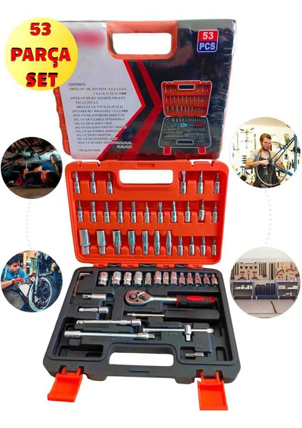 53 Parça Çantalı Cırcır Aleti ve Lokma Anahtar Seti 1/4 Inç Tornavida Seti Ev Araba Bisiklet Için