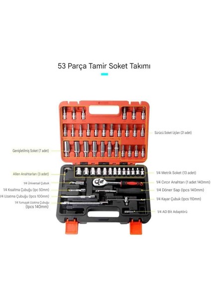 53 Parça Çantalı Cırcır Aleti ve Lokma Anahtar Seti 1/4 Inç Tornavida Seti Ev Araba Bisiklet Için modelleri