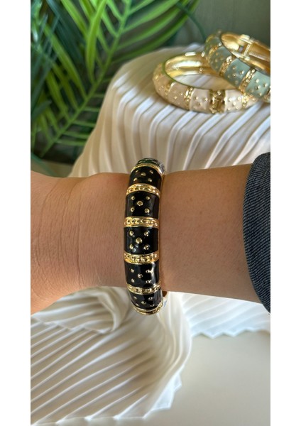 Mineli Siyah Mekanizmalı Acılır Kapanır Bohem Bileklik Kelepçe