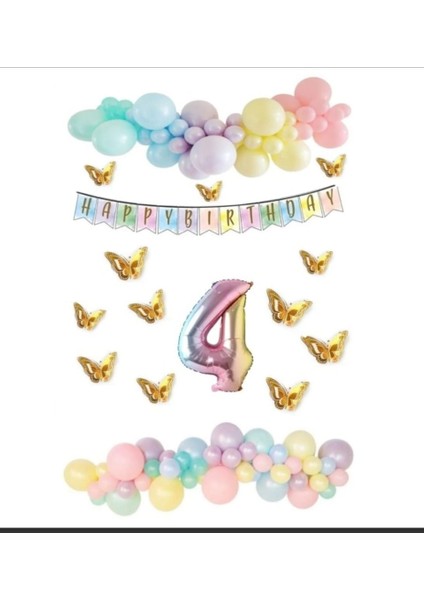 Kelebek Fügürlü Gökkuşağı Rakam Folyo Makaron Balon Seti