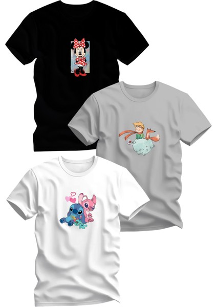 Üçlü Baskılı Penye Kız Çocuk Beyaz Siyah Gri Tshirt 5 6 7 8 9 10 11 12 13 14 Yaş Mini Lilo Petit