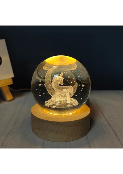 Dekoratif Ay Içinde Unicorn Tasarımlı Ahşap Altlıklı Işıklı Cam Küre Cam Büyük Boy 8 cm MZ4-2312