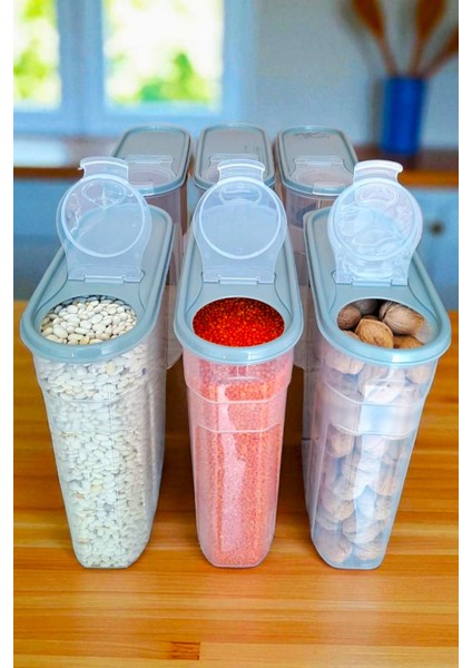6 Litre 6 Adet Erzak Bakliyat Saklama Kabı Kiler Box 6 'lı Set Lüks Şık Kutu Gri