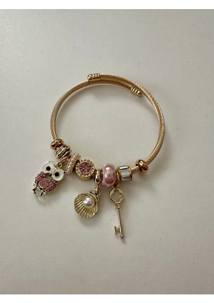 Pembe Baykuş Charm Çelik Bileklik