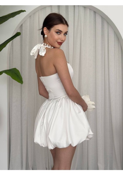 Saten Tasarım Balon Etek Boyundan Bağlamalı Kadın Mini Elbise modelleri