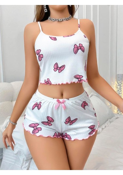 Pamuklu Beyaz Üstüne Pembe Kurdela Desenli Fitilli Askılı Şortlu Pijama Takımı fiyatları
