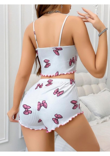 Pamuklu Beyaz Üstüne Pembe Kurdela Desenli Fitilli Askılı Şortlu Pijama Takımı modelleri