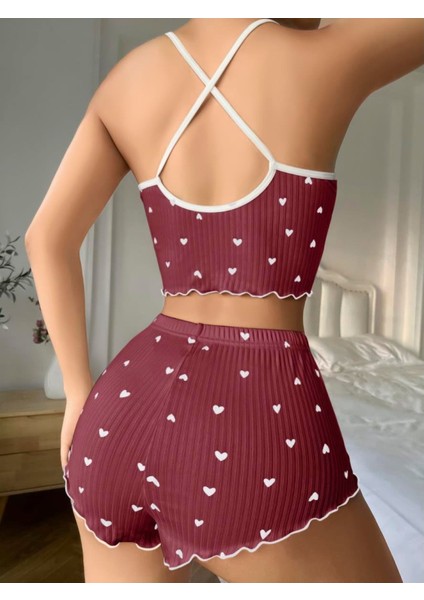 Pamuklu Kahverengi Üstüne Beyaz Kalp Desen Fitilli Askılı Şortlu Pijama Takımı modelleri