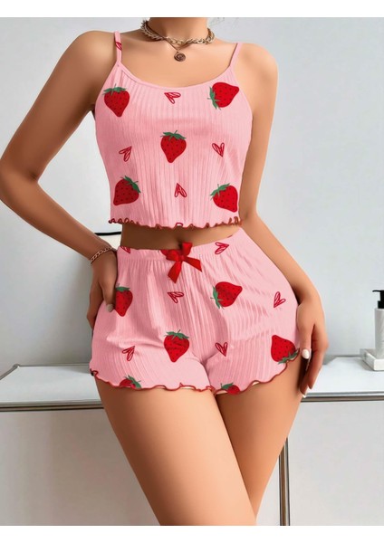 Pamuklu Pembe Üstüne Çilek Desen Fitilli Askılı Şortlu Pijama Takımı