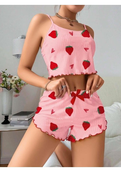 Pamuklu Pembe Üstüne Çilek Desen Fitilli Askılı Şortlu Pijama Takımı modelleri