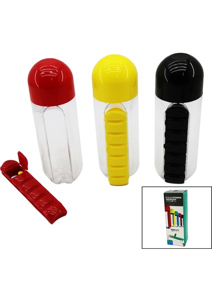 İLAÇ KUTULU PLASTİK SULUK MATARA RENKLİ BARDAK KAPAKLI 600ML (4887)