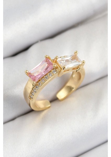 Pirinç Zirkon Taşlı Dikdörtgen Model Gold Renk Kadın Yüzük - TJ-BYK3797