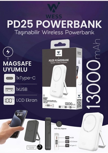 PD25 Kablosuz Powerbank | 13000MAH | Magsafe Uyumlu | Type-C & USB Girişli.