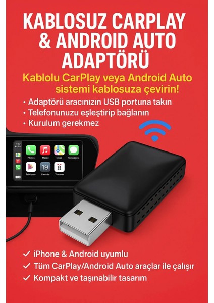 Kablosuz Carplay & Android Auto Adaptörü - Apple ve Android Cihazlar Için Evrensel Wireless Carplay Çevirici fiyatları