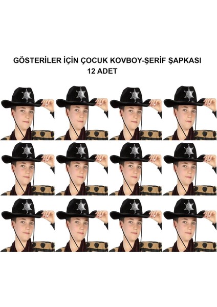 Kovboy Şerif Şapkası Siyah 12 Adet - Kostüm, Parti ve Gösteri Şapkası