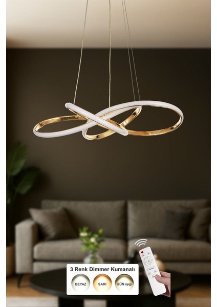 Larin 50 cm Dimmer Kumandalı 3 Renk Ledli (Sarı-Beyaz-Gün Işığı) Modern Sarkıt Avize - Gold