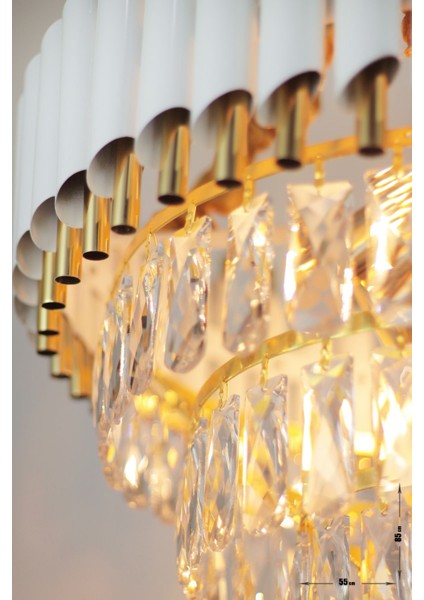 Palmira 55'lik Prizma Kesim Kristal Taşlı Lüks Salon Avize - (Beyaz-Gold)