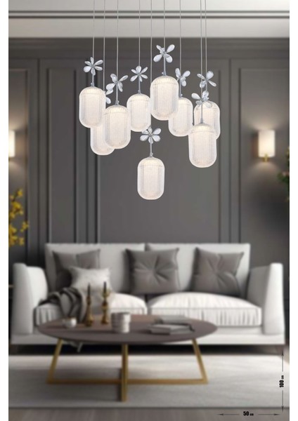Motta 9'lu Power Ledli Kumandalı Modern Lüks Sarkıt Avize, 3 Renk: Sarı-beyaz-gün Işığı - Krom