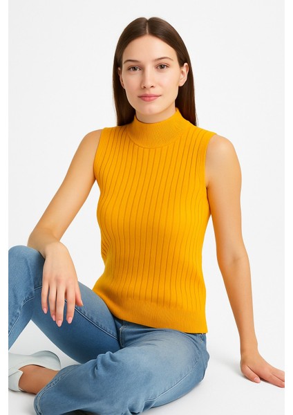 Kadın Kolsuz Fitilli Triko Bluz 15394