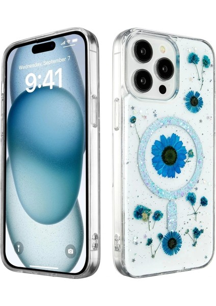 iPhone 14 Pro Kılıf Daisy Simli Magsafe Kapak - Mavi