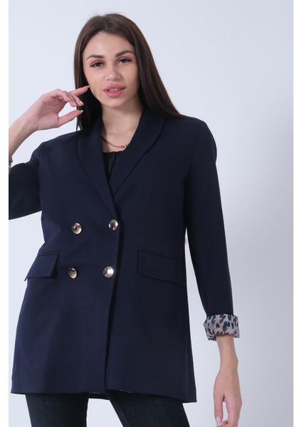 Lacivert Şal Yaka Leopar Astarlı Kruvaze Ceket 39711561.02 fırsatları