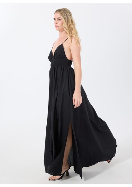 V Yaka Düz Siyah Uzun Kadın Elbise 50536456