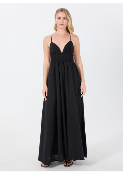 V Yaka Düz Siyah Uzun Kadın Elbise 50536456 fiyatları