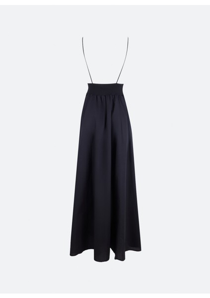 V Yaka Düz Siyah Uzun Kadın Elbise 50536456