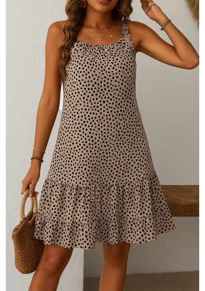 Kadın Boyundan Askılı Desenli Fırfırlı Süprem Elbise fiyatları