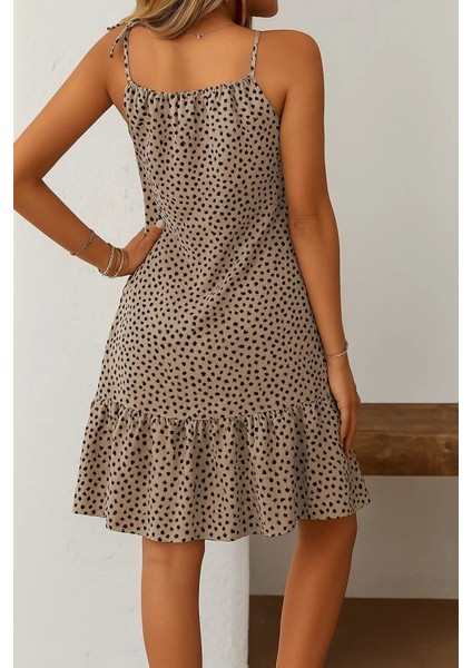 Kadın Boyundan Askılı Desenli Fırfırlı Süprem Elbise modelleri