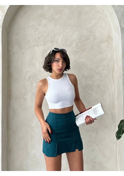 Çift Yırtmaçlı Atlas Şort Etek Petrol Yeşili S240364 fiyatları